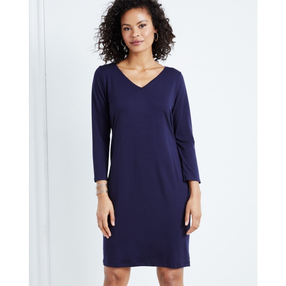 EILEEN FISHER Petite Jersey Blue V Neck 3/4 length Knit‎ Dress